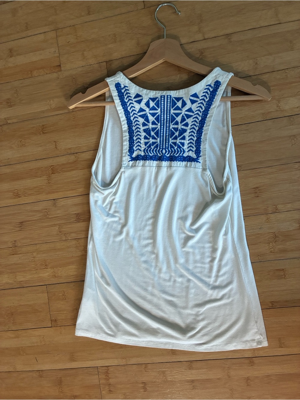 Embroidered Racerback Tank Top - White with Blue Boho Accent